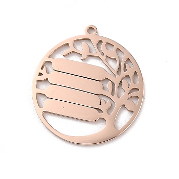 Ion Plating(IP) 304 Stainless Steel Pendants, Laser Cut, Flat Round with Tree Charm, Rose Gold, 32.5x30x1.5mm, Hole: 1.8mm