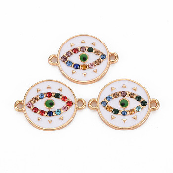 Alloy Links Connectors, with Enamel and Colorful Rhinestone, Light Gold, Flat Round with Evil Eye, Creamy White, 15x20x2mm, Hole: 1.5mm