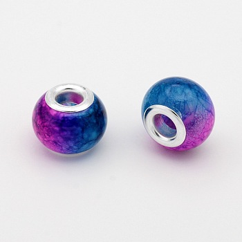 Large Hole Glass European Beads, with Silver Color Plated Brass Cores, Rondelle, Royal Blue, 14x10mm, Hole: 5mm