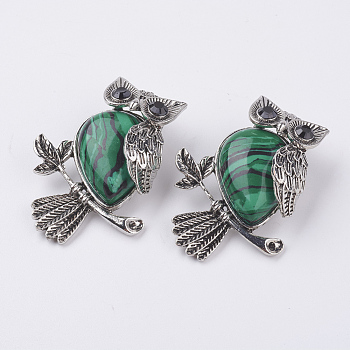 Natural Malachite Pendants, with Alloy Finding, Owl, Antique Silver, 46.5x35.5x11.5mm, Hole: 6x8.5mm