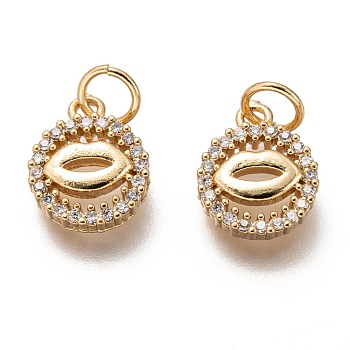 Brass Micro Pave Clear Cubic Zirconia Charms, Long-Lasting Plated, with Jump Ring, Flat Round with Lips, Golden, 12x9x2mm, Jump Ring: 5x1mm, 3mm Inner Diameter