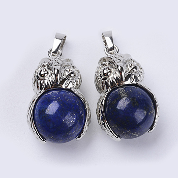 Natural Lapis Lazuli Pendants, with Platinum Tone Brass Findings, Owl with Round Ball, 31x18.5x16mm, Hole: 5x8mm