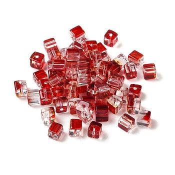 Two Tone Transparent Glass Beads, Cube, FireBrick, 6x6x7mm, Hole: 1.4mm