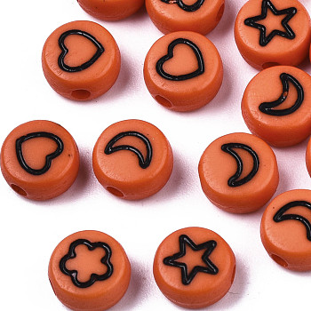 Opaque Acrylic Beads, with Enamel, Flat Round with Heart & Star & Moon & Flower, Dark Orange, 7x4mm, Hole: 1.5mm, about 3670pcs/500g