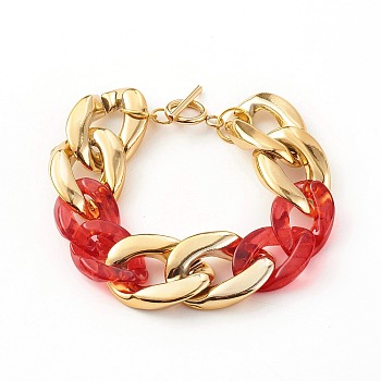 CCB Plastic & Acrylic Curb Chain Bracelets, with 304 Stainless Steel Toggle Clasps, Golden, Red, 7-1/2 inch(19cm)