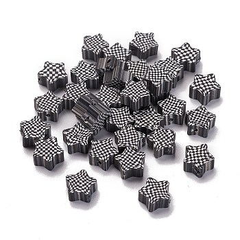 Handmade Polymer Clay Beads, Star with Tartan Pattern, Black, 9x9x4.5~5mm, Hole: 1.4mm