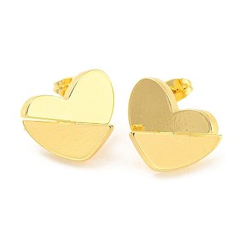 Rack Plating Brass Heart Stud Earrings, Long-Lasting Plated, Lead Free & Cadmium Free, Real 18K Gold Plated, 15x19mm