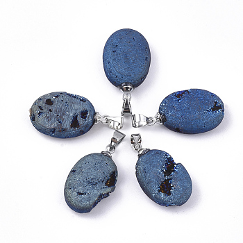 Electroplate Natural Druzy Geode Agate Pendants, with Brass Findings, Oval, Platinum, Steel Blue, 22.5x13.5x6.5mm, Hole: 4.5x4mm