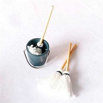 Mini Plastic Bucket & Mop Model, Miniature Dollhouse Decorations Accessories, Teal, 8~18.5x15~62mm, 2pcs/set