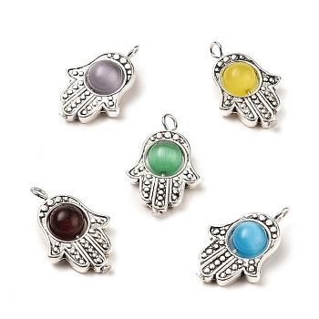 Alloy Pendants,  with Cat Eye Beads, for Religion, Hamsa Hand/Hand of Fatima/Hand of Miriam, Colorful, 25.6x16.7x7.5mm, Hole: 2.6mm