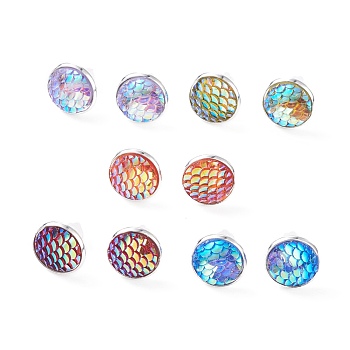 Mermaid Scale Flat Round Stud Earrings, Brass Jewelry for Women, Mixed Color, 15.5x13.5mm, Pin: 0.7mm