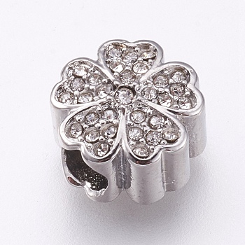 304 Stainless Steel European Beads, Large Hole Beads, with Rhinestone, Flower, Stainless Steel Color, Crystal, 11x7mm, Hole: 4mm