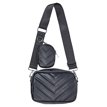 PU Leather Shoulder Bag for Women, Handmade Crossbody Bag, with Mini Bag & Adjustable Wide Shoulder Strap, Black, 19x13x7cm, Hole: 20x18.5mm