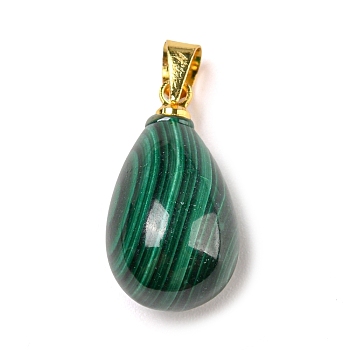 Natural Malachite Pendants, Teardrop Charms with Golden Plated Alloy Snap on Bails, 18x10mm, Hole: 4x4.2mm