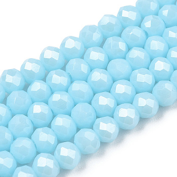 Electroplate Glass Beads Strands, Pearl Luster Plated, Faceted, Rondelle, Light Blue, 10x8mm, Hole: 1mm, about 63~65pcs/strand, 49~50cm