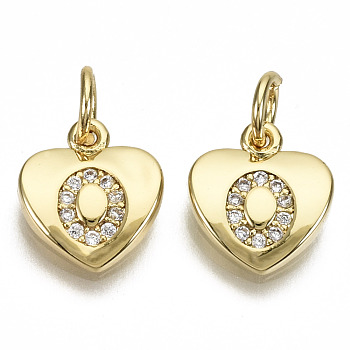 Brass Micro Pave Clear Cubic Zirconia Charms, with Jump Ring, Heart with Letter, Real 16K Gold Plated, Nickel Free, Letter.O, 10x9x2mm, Jump Ring: 5x1mm, 3mm inner diameter