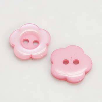 Resin Buttons, Dyed, Flower, Pink, 11x2.4mm, Hole: 1.6~1.8mm, about 1000pcs/bag