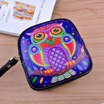 Leather Clutch Bags, Change Purse with Zipper, for Women, Square, Owl, 10x9x3cm