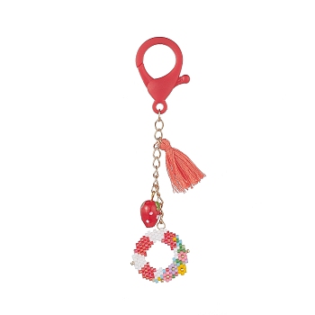 Handmade Loom Pattern Seed Beads Pendant Decorations, with Lampwork Strawberry and Tassel Charms, Lobster Claw Clasp, Wreath, Red, 111mm