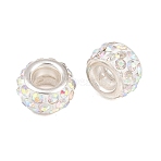 Polymer Clay Rhinestone European Large Hole Beads with Silver Color Plated Brass Cores, Rondelle, Crystal AB, 11~12x7~7.5mm, Hole: 5mm(X-FPDL-R002-15)