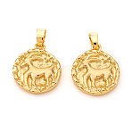 Brass Pendants, Textured, Flat Round with Constellation/Zodiac Sign, Golden, Capricorn, 16.5x14x2mm, Hole: 5x2.5mm(X-KK-I672-33D)