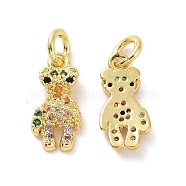Brass Micro Pave Colorful Cubic Zirconia Charms, with Jump Ring, Bear, Real 18K Gold Plated, 13.5x6.5x2mm, Hole: 3.5mm(KK-E068-VF122)