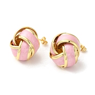 Real 18K Gold Plated Brass Enamel Stud Earrings for Women, Knot, Pink, 21x20.5mm(EJEW-M251-09G-04)