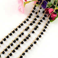 Handmade Brass Beaded Chains, Soldered, with Spool with Rondelle Glass Beads, Raw(Unplated), Black, 9mm, about 32.8 Feet(10m)/roll(CHC-R118-06)