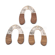 Transparent Resin & Waxed Walnut Wood Pendants, with Foil, Horse Shoe, Silver, 37x32x3mm, Hole: 2.0mm(RESI-Q211-01B)