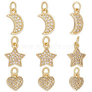 12Pcs 3 Style Brass Micro Pave Clear Cubic Zirconia Charms, Moon & Heart & Star Charm, with Jump Ring, Real 18K Gold Plated, 9~13x7~10x2~2.5mm, Hole: 2mm, 4pcs/style(KK-BBC0007-24)