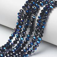 Electroplate Glass Beads Strands, Half Plated, Blue Plated, Faceted, Rondelle, Dark Blue, 4x3mm, Hole: 0.4mm, about 123~127pcs/strand, 16.5~16.9 inch(42~43cm)(EGLA-A034-T4mm-I03)