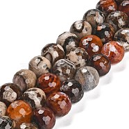 Natural Fire Crackle Agate Beads Strands, Dyed & Heated, Round, Faceted, Dark Orange, 13.5~14mm, Hole: 1.4mm, about 28~29pcs/strand, 15.16 inch(38.5cm)(G-L595-A02-01F)