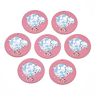Spray Painted Iron Pendants, Rubberized Style, 3D Printed,  Sheep Blossom Print Pattern, Flat Round, Flamingo, 25.5x0.8mm, Hole: 1.2mm(IFIN-T016-39)