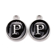 Platinum Plated Alloy Charms, Cadmium Free & Lead Free, with Enamel, Enamelled Sequins, Flat Round with Letter, Letter.P, 14x12x2mm, Hole: 1.5mm(ENAM-S118-02P-P)