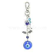Blue Flat Round with Evil Eye Lampwork Pendant Decorations, Alloy Star/Heart Charm and Swivel Lobster Claw Clasps Hanging Ornaments, Antique Silver & Platinum, 108mm(HJEW-JM01566)