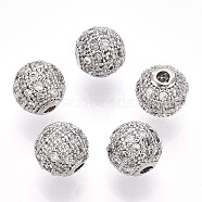 Rack Plating Brass Cubic Zirconia Beads, Long-Lasting Plated, Round, Platinum, 8x7mm, Hole: 2mm(X-ZIRC-S001-8mm-A02)
