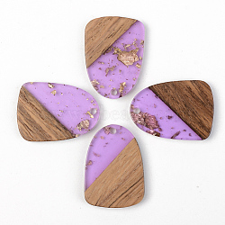 Transparent Resin & Walnut Wood Pendants, with Gold Foil, Teardrop, Lilac, 28x20x3mm, Hole: 2mm(RESI-S389-042A-B01)