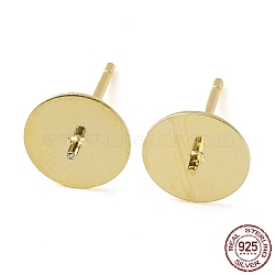 925 Sterling Silver Stud Earring Findings, Flat Pad, for Half Drilled Bead, with S925 Stamp, Real 18K Gold Plated, 13x8mm, Pin: 0.7mm(STER-E068-01D-G)