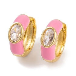 Rack Plating Brass Cubic Zirconia Enamel Earrings, Cadmium Free & Lead Free, Oval, Hoop Earrings, Real 18K Gold Plated, Pink, 14x5mm(EJEW-S219-14G-05)