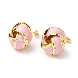 Real 18K Gold Plated Brass Enamel Stud Earrings for Women, Knot, Pink, 21x20.5mm(EJEW-M251-09G-04)