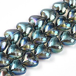 Electroplate UV Plating Glass Beads Strands, Iridescent, Heart, Medium Sea Green, 12.2x15x8mm, Hole: 1mm, about 50pcs/strand, 23.62''(60cm)(EGLA-B008-01A-FR02)