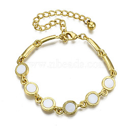 Electroplated Alloy Link Bracelets, with Natural Freshwater Shell, Cadmium Free & Lead Free, Textured, Flat Round, Seashell Color, Golden, 10-3/8 inch(26.5cm)(BJEW-T012-010-RS)