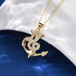 Brass Micro Pave Clear Cubic Zirconia Anchor Snake Pendant Necklaces, Real 18K Gold Plated, 17.32 inch(44cm), Pendant: 27x23.5mm(NJEW-S438-02J-G)