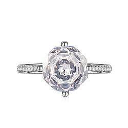 Adjustable Brass with Cubic Zirconia Cuff Rings, Octagon, Platinum, Clear, Inner Diameter: 15~20mm(FS-WGFA75B-01)