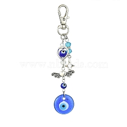Blue Flat Round with Evil Eye Lampwork Pendant Decorations, Alloy Star/Heart Charm and Swivel Lobster Claw Clasps Hanging Ornaments, Antique Silver & Platinum, 108mm(HJEW-JM01566)