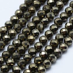 Natural Pyrite Beads Strands, Faceted, Round, 4mm, Hole: 1mm, about 106pcs/strand, 15.3 inch(39cm)(G-J369-19-4mm)