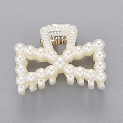 Plastic Claw Hair Clips, with ABS Plastic Imitation Pearl Beads and Iron Findings, Bowknot, White, 29x39.5x26mm(PHAR-G002-08)