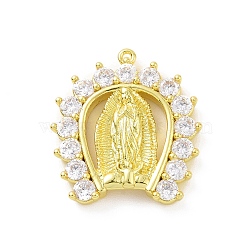 Eco-friendly Rack Plating Brass Micro Pave Cubic Zirconia Pendants, Cadmium Free & Lead Free, Long-Lasting Plated, Horseshoe with Religion Virgin Mary Charm, Real 18K Gold Plated, 18.5x17.5x3.5mm, Hole: 0.8mm(KK-F843-23G-02)