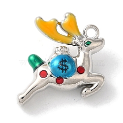 Christmas Deer with Money Bag Rack Plating Alloy Enamel Pendants, Cadmium Free & Nickel Free & Lead Free, Platinum, 17x18x8mm, Hole: 1.6mm(FIND-I039-024A-P)