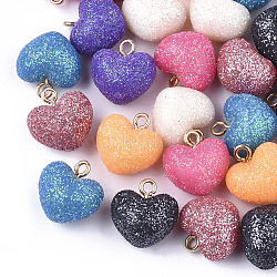 Acrylic Pendants, with Glitter Powder and Brass Findings, Heart, Golden, Mixed Color, 18.5x19x14mm, Hole: 2mm(X-OACR-T005-106)